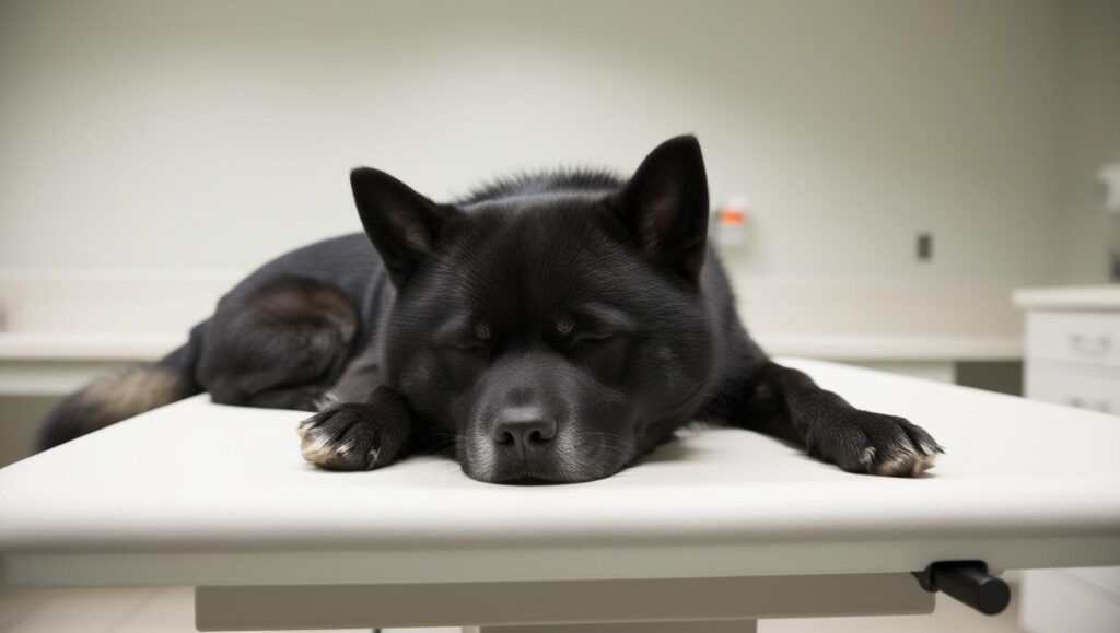 犬が動物病院の診察台でぐったりしている